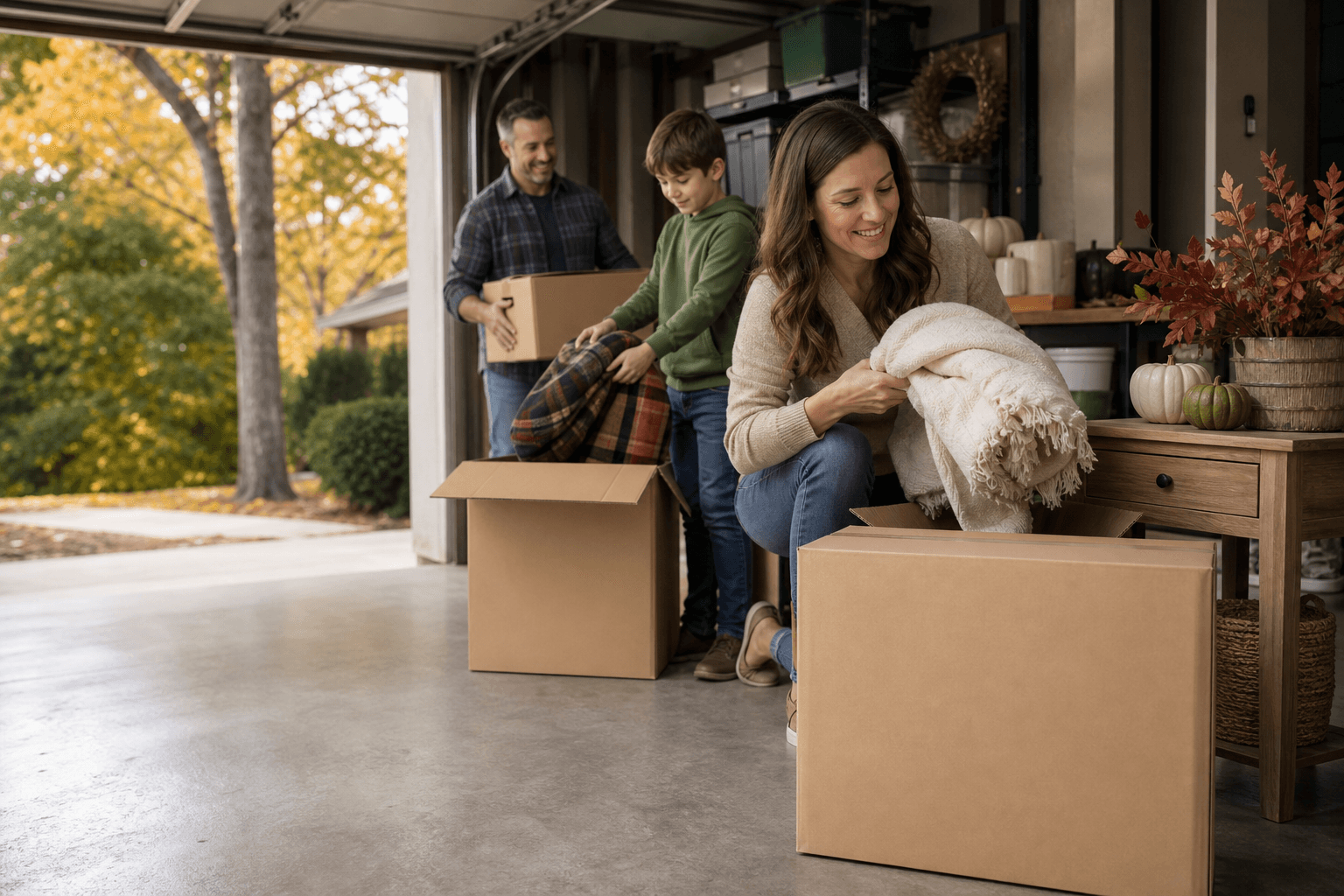 Family organizing moving boxes during fall cleaning